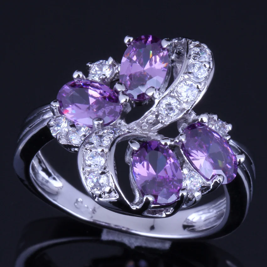 Impressive Plant Purple Cubic Zirconia White CZ Silver Plated Ring V0142