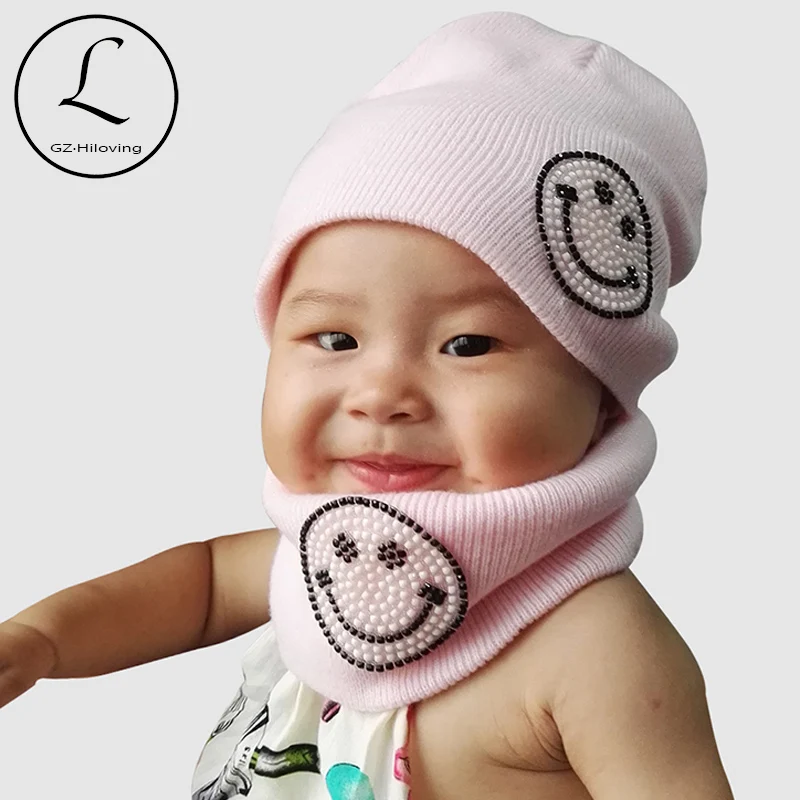 Conjunto de gorro y bufanda para niños y niñas, conjunto de 2 piezas, bonito Color sólido caramelo, sonrisa, gorro de punto, bufanda, cálido para