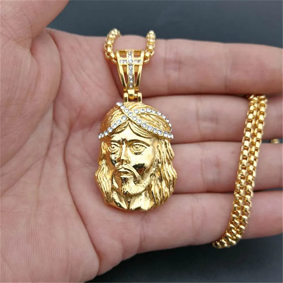 Hip Hop Necklace Stainless Steel Gold Color Iced Out Chains Cross Jesus Head Pendant Necklace For Men/Women Gifts