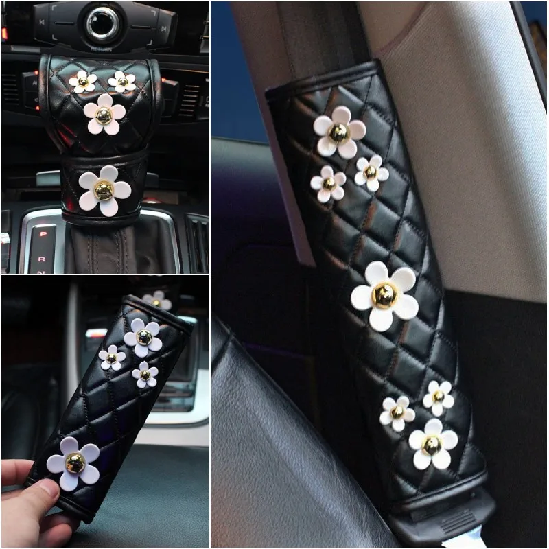 Cute Daisy Flower Car Interior Decoration Leather Steering Wheel Cover Hand brake Shifter Gear Cover Seatbelt Car Accessories
