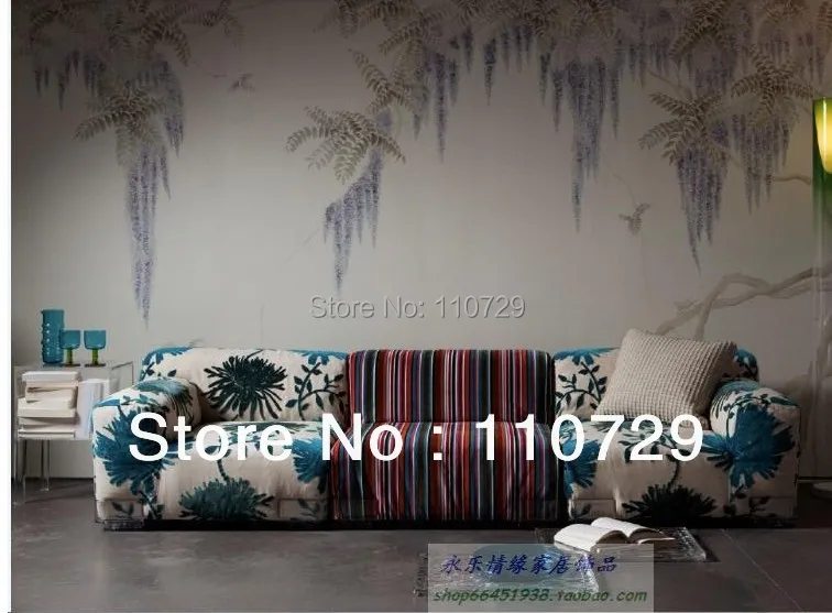 

Hand-painted silk wallpaper painting Chinese wisteria hand painted wall paper TV/Sofa/bedroom/living room wallcovering