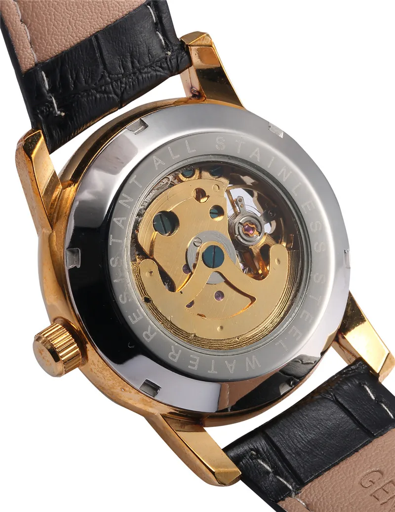 MG. ORKINA Luxury Clock Men Leather Belt Retro Black Golden Skeleton Dial Relogio Male Masculino Mechanical Automatic Watch