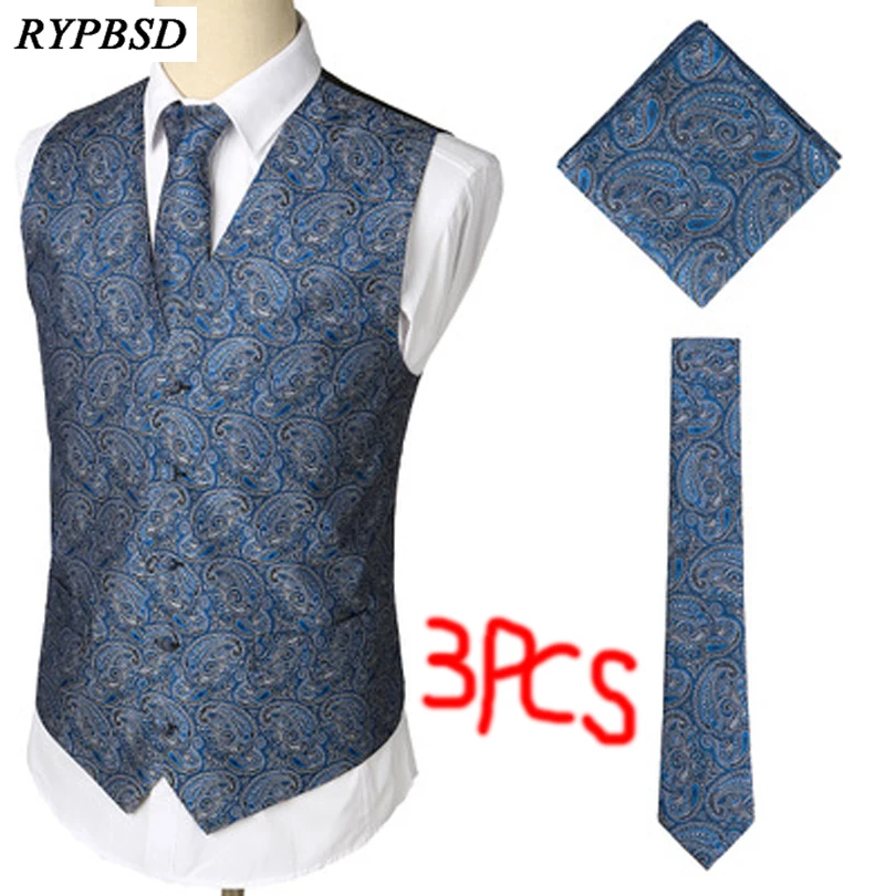 Bandana Suit Vest Men 3pc Sets+Tie+Pocket Paisley Slim Fit Fashion Harajuku Waistcoat Gilet Party Wedding Dress Suit Vest Men