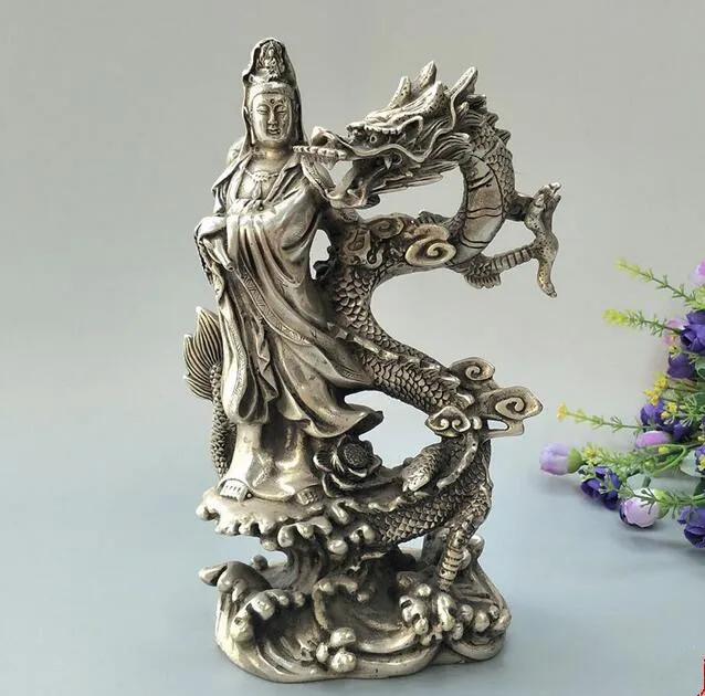 

China collection archaize white copper Riding dragon Guanyin bodhisattva Buddha statue