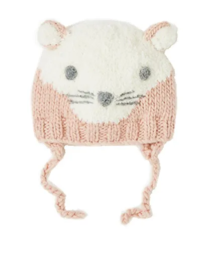 2022 spring autumn winter cartoon  pink cat stylish hand made knitted knit hat for baby girls child children with cotton lining