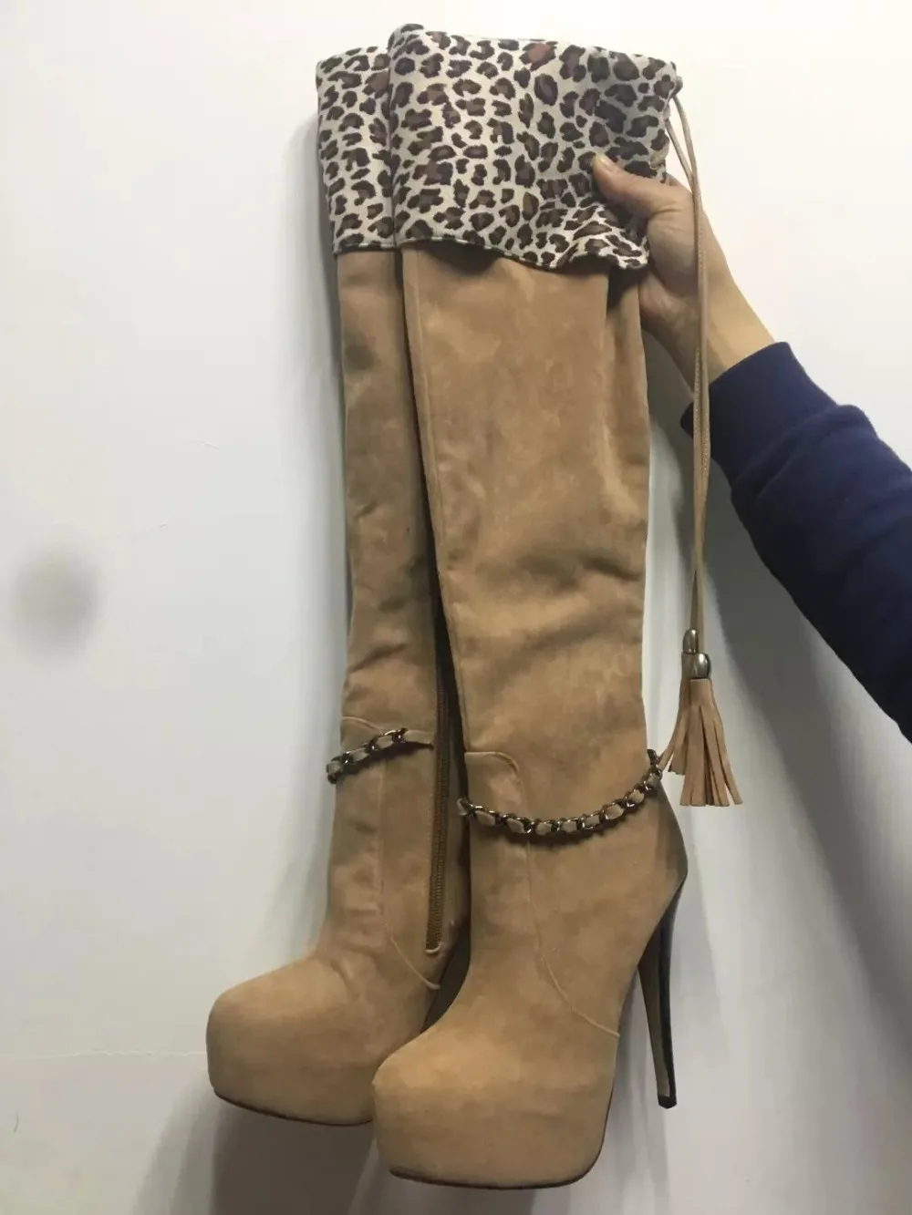 

real picture Leopard long boots women fashion fringe platform high heels over the knee boots round toe chain ladies boots