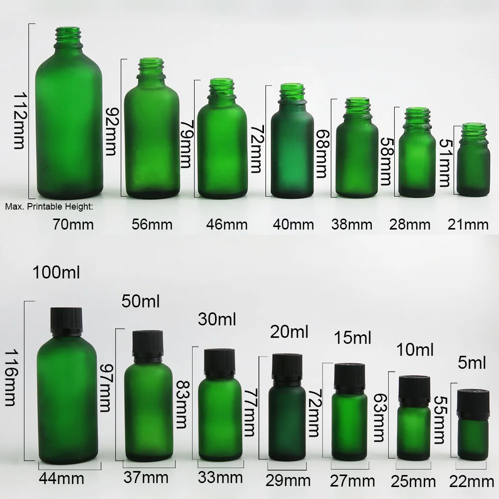 10 x 5ml 10ml 15ml 20ml 30ml 50ml 100ml Essential Oil Frosted Green Glass Bottle with Plastic Black Cap For Liquid Cosmetic Lock
