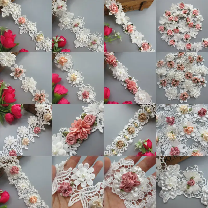 1 Yard Colorful Flowers Pearl Lace Trim Ribbon Fabric Handmade Embroidered Applique Sewing Craft For Costume Dress Decoration