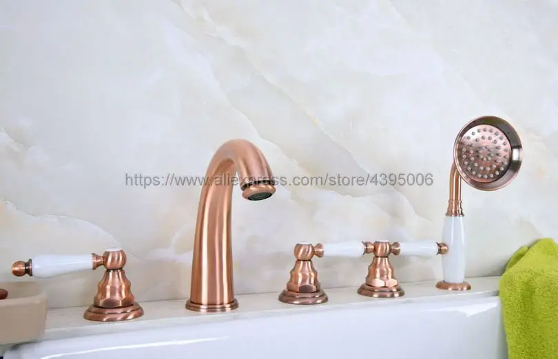 

Bathtub Faucet Ceramic handle 5 Hole Widespread Tub Sink Mixer Taps Red Copper Tub Faucet with Handshower Btf232