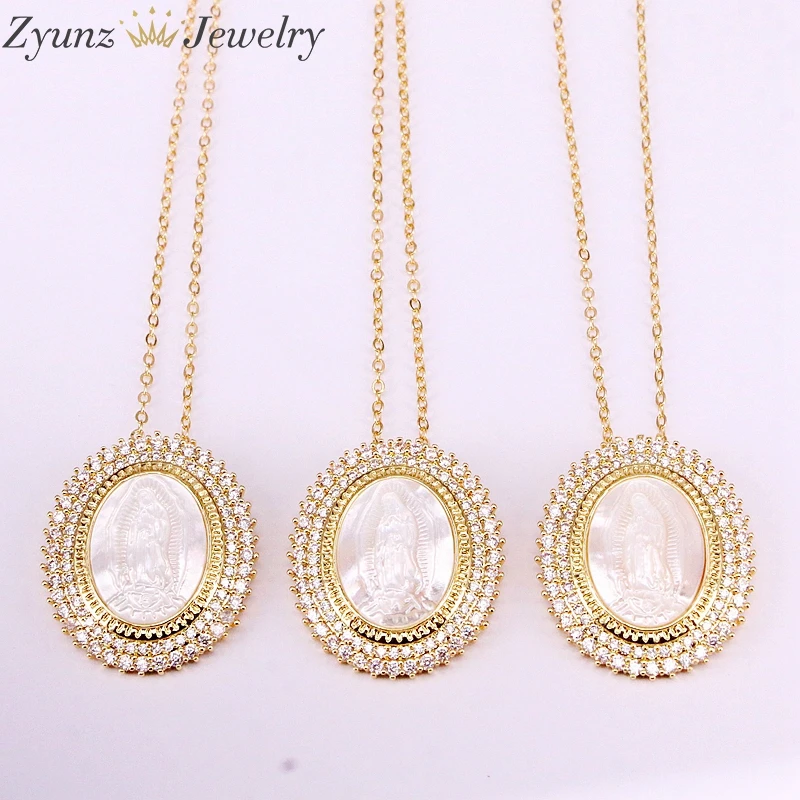 6PCS, Fashion CZ Micro Pave Colorful Zirconia Mother Of Pearl Jesus Shell Pendant Oval Shaped Gold Filled Necklaces