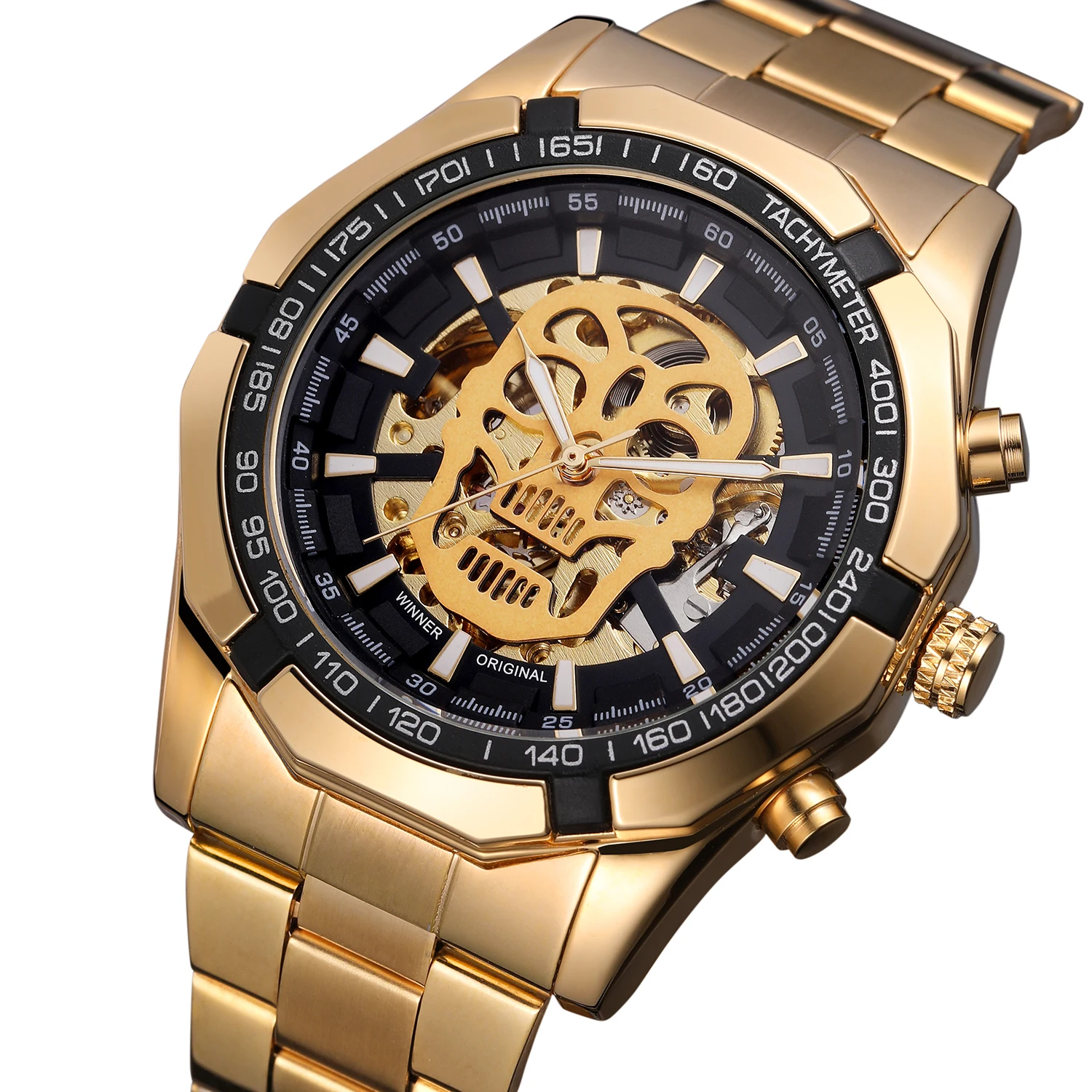 Fashion WINNER Top Steampunk Skull Auto Mechanical Watch Men Black Stainless Steel Strap Skeleton Dial Cool Design Wrist Watches