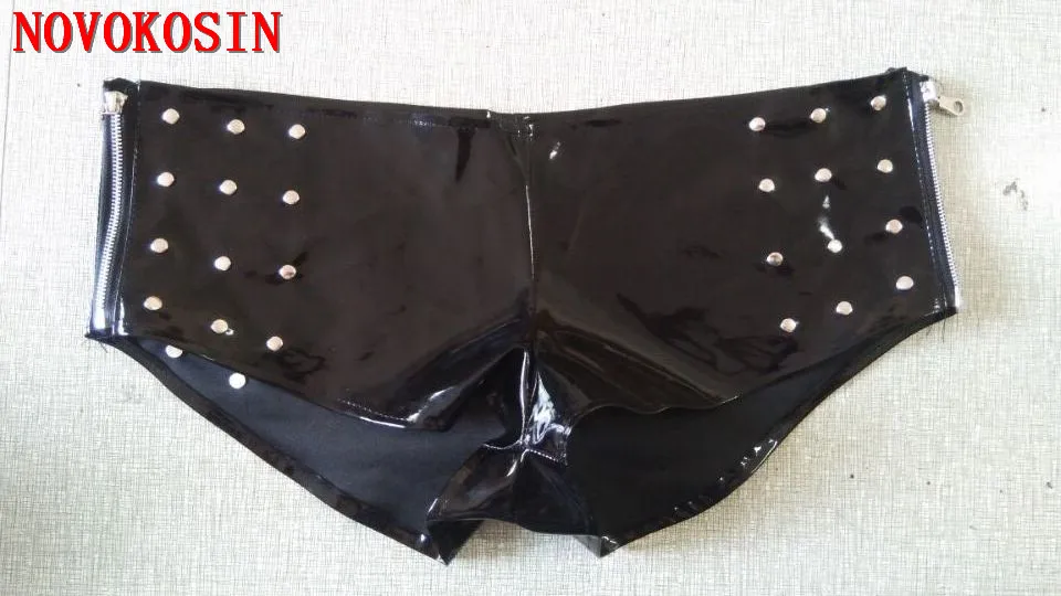 S-2XL Both Side Zipper Sexy Wet Look Faux Leather Panties Fetish Underwear Women Fantasias Erotic Thong Mini Shorts Rivet Pants