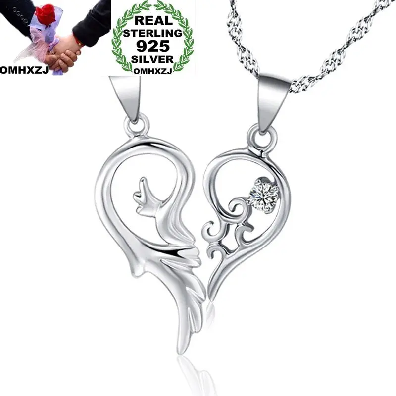 OMHXZJ Wholesale European Fashion Woman Girl Party Gift Heart Lovers AAA Zircon 925 Sterling Silver Necklace Pendant Charm CA06