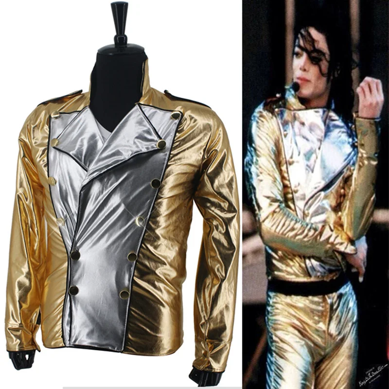 

MJ Michael Jackson History BAD Golden Spandex Double Breasted Woven Jacket Performance Halloween Costume Gift