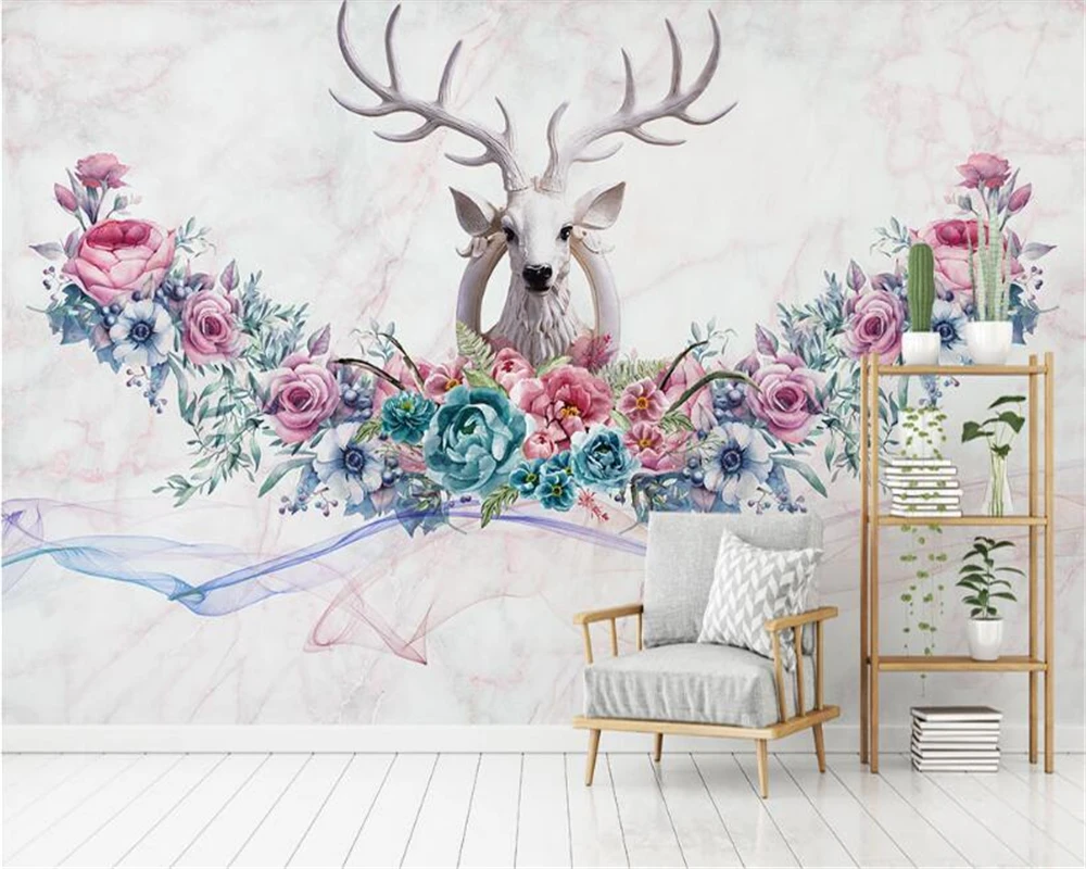 

beibehang wall papers home decor Classic personality wallpaper Nordic hand-painted flowers Stereo deer background papier peint