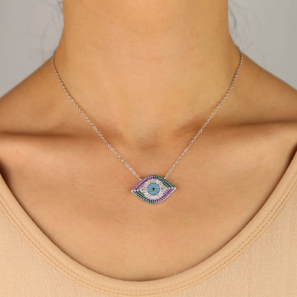 women Luxury multi colored Blue red Cubic Zirconia  Evil Eye Necklace Gold Color with Crystal 41+5cm Chain necklaces