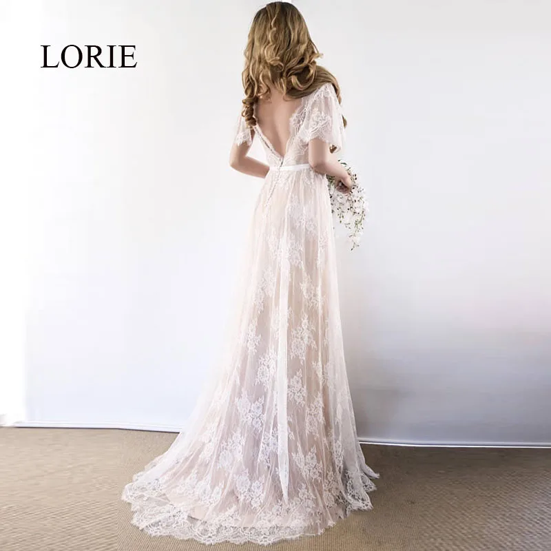 Lorie boho vestido de casamento 2020 v pescoço boné manga rendas praia vestido de casamento barato sem encosto feito sob encomenda a linha vestidos de noiva elegante