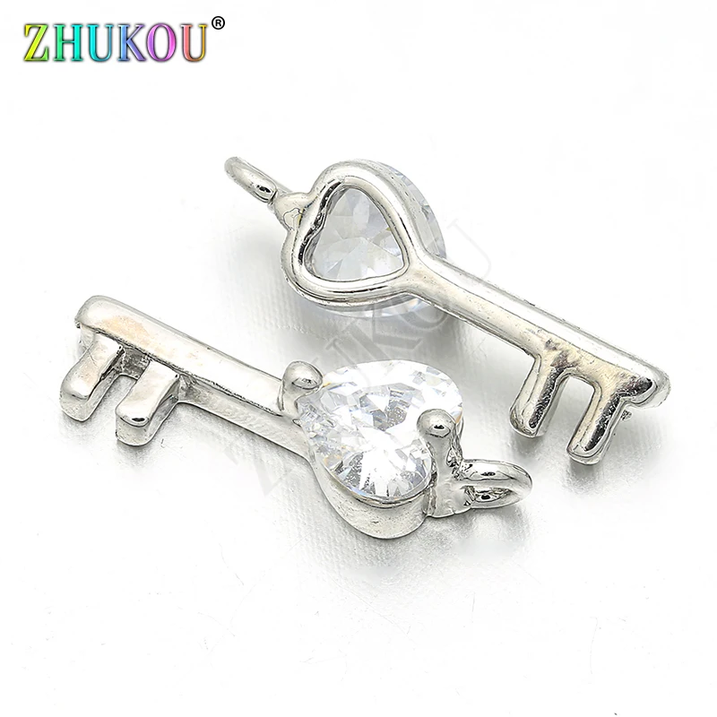 5*16mm Brass Cubic Zirconia Key with Crystal Love Heart Charms Pendants DIY Jewelry Findings Accessories, Model: VD128