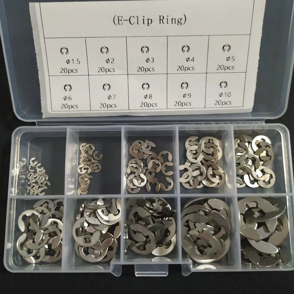 

200Pcs Stainless Steel E Clip Washer Assortment Kit 1.5 2 3 4 5 6 7 8 9 10 mm Circlip retaining ring for shaft fastener