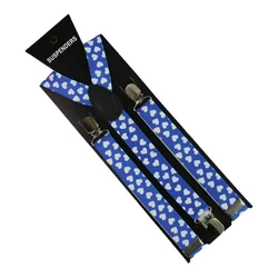 Men/Women Blue Heart Print Suspenders 3 Clip Pants Y-Back Clip-on Adjustable Elastic Braces Suspenders Clothing Accessories