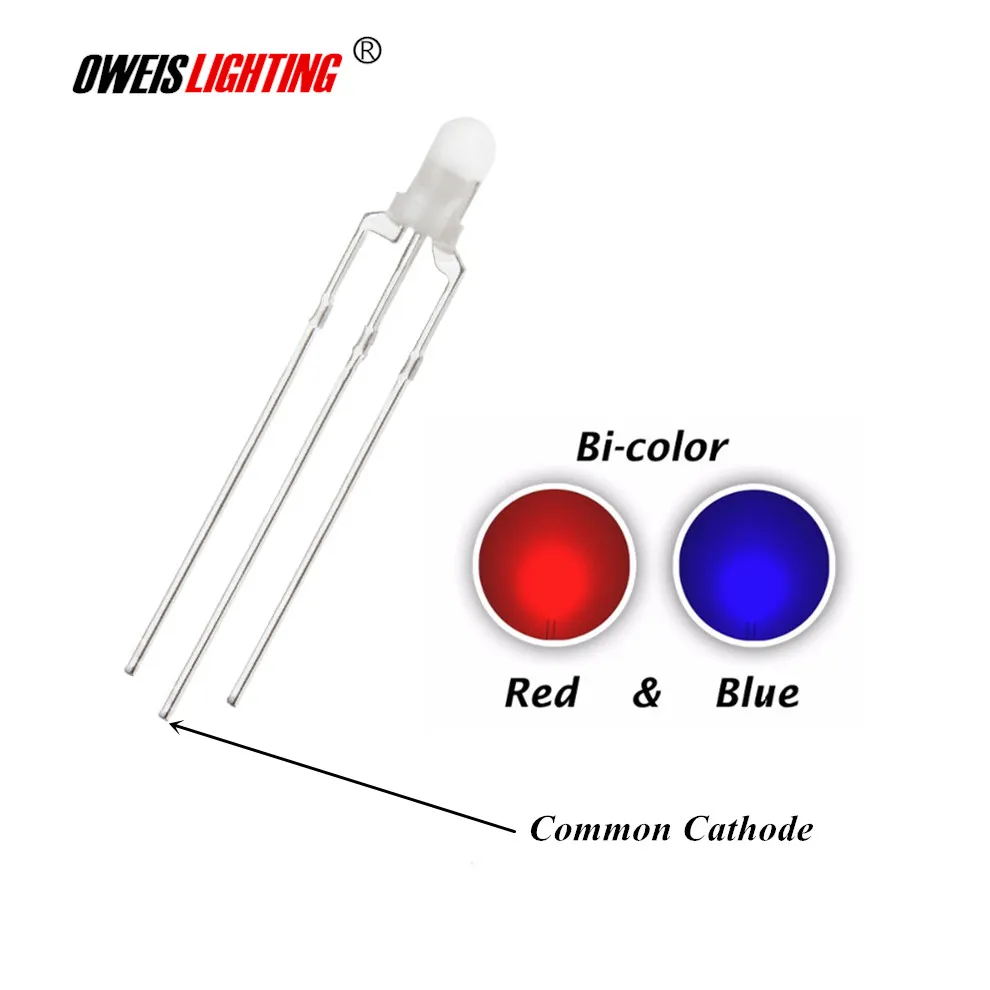 

100PCS 3MM Red And Blue Diffused LED Common Cathode 3PINS Indicator Light Round Head 20mA Bicolor Lamp