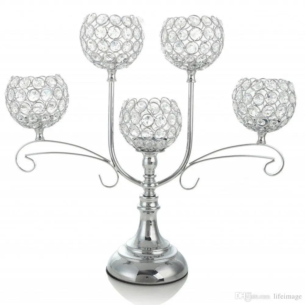 

Silver Crystal Candelabra 5-arm Candle Holder for Wedding Coffee Table Decorative Centerpiece/Dining Room Tabletop Accessories
