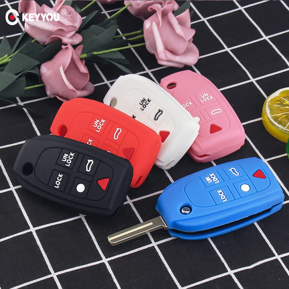 KEYYOU Silicone Rubber Remote Flip Key Case Cover Skin For Volvo XC90 S80 XC70 S60 V70 5 Button Car Key Fob Shell Holder Cover