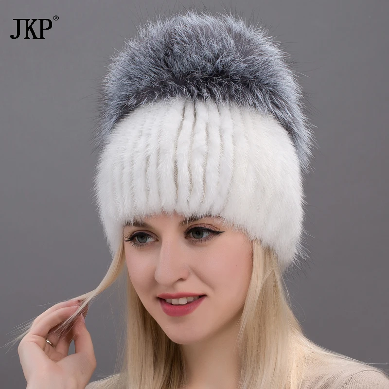 Women Skullies Genuine Winter Fur Hat Mink Fur With Silver Fox Pompoms Top Hats Sale Hot Sale Elastic Fur Cap  DHY17-26CX