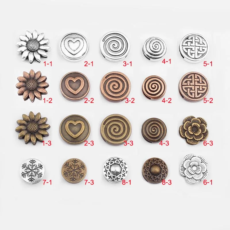 10pcs Charms Sunflower Heart Swirl Chinese Knot Rose Flower Sliders Beads Spacers For 5mm 10mm Flat Leather Cord Jewelry Making