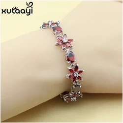 Made in China flower Red Created Garnet White Crystal,  Silver Chain-Link Bracelet Women Fashion Health Jewelry Length 19 cm