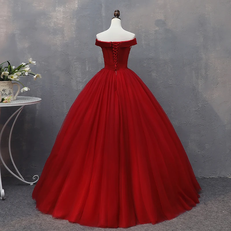 Fora do ombro vermelho quinceanera vestidos 2018 tule renda apliques frisado longos vestidos de baile vestidos de 15 anos