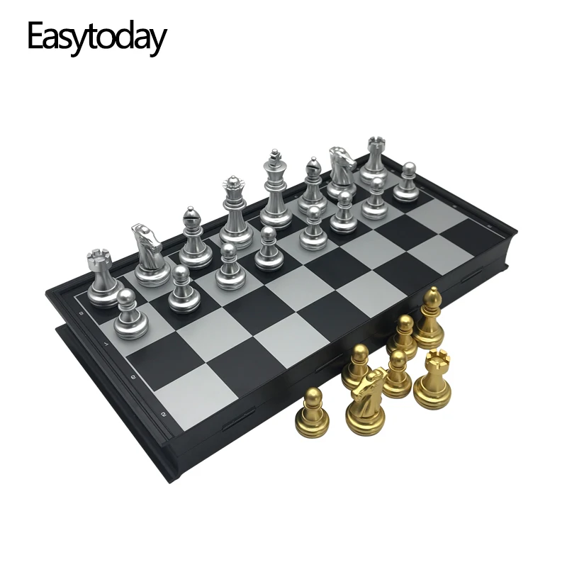 Easytoday Plastic Chess Game Set Folding Chessboard Magnetic Gold and Silver Color Chess Pieces Standard Competition Supplies