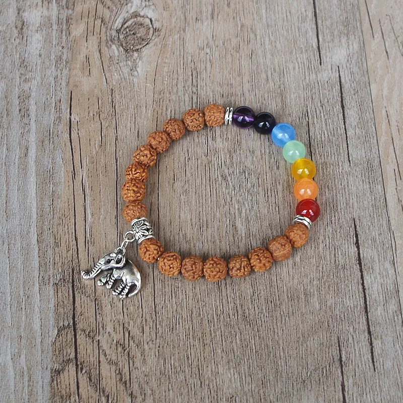 Handmade Original Rudraksha Elephant Mala Chakra Bracelet Yoga Healing Prayer Seven Chakra Charm Beaded Strand Bracelet view 4