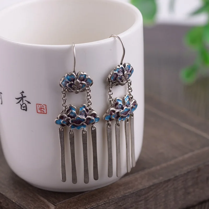 restoring ancient ways is technology of female fashion rich flower tassels eardrop Thai silver earrings