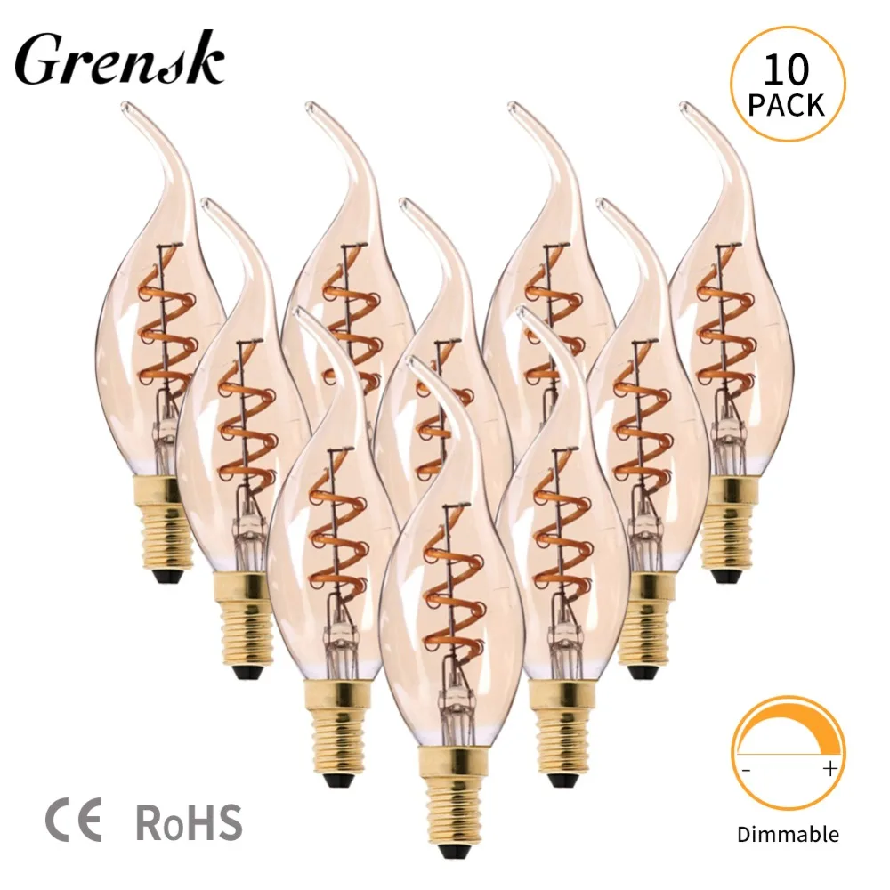 

Grensk Dimmable E12 Led Candle Light Bulb 2200k Retro E14 220V Led Flame Effect Fire Bulb C35T Decorative Led Bulb 3W Flame Lamp