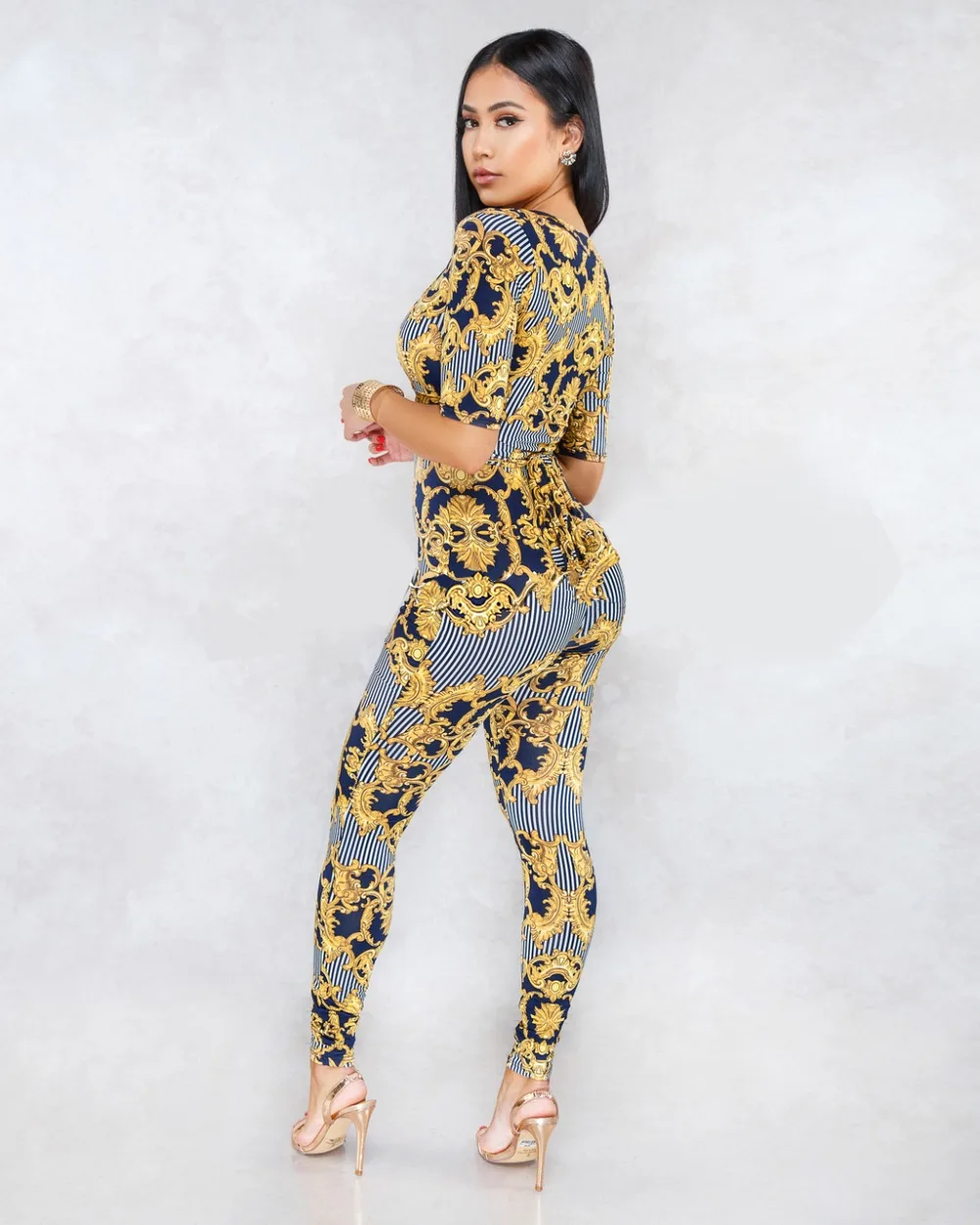 Golden Floral Print Deep V Neck Jumpsuit Women Casual Midi Sleeve Bodycon Rompers Jumpsuit Boho Overall Sexy Bodysuit Culdwear