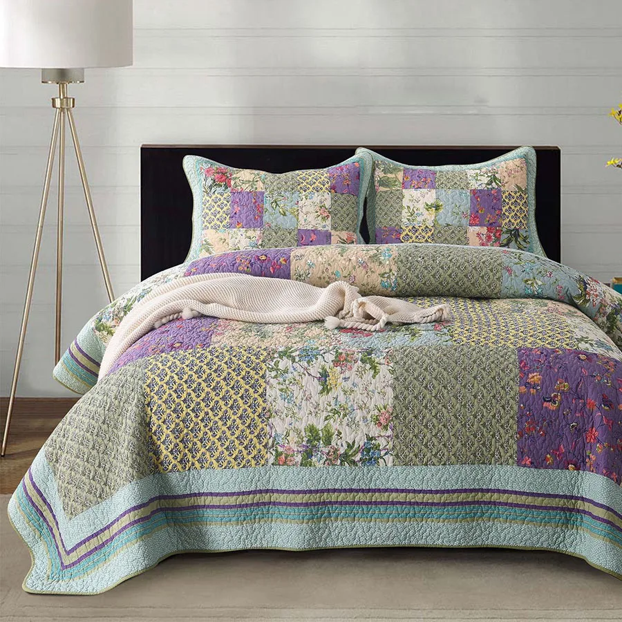 

Plaid Patchwork Bedspread on the Bed Quilt Set 3pcs Pastoral Cotton Blanket with 2*Pillowcase Queen Size Coverlet