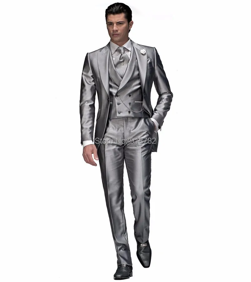 Custom Made Classic Tailcoat Mens Designer Wedding Dress Clothes Shiny Silver Wedding Suit For Men Groom Tuxedo Costume Homme