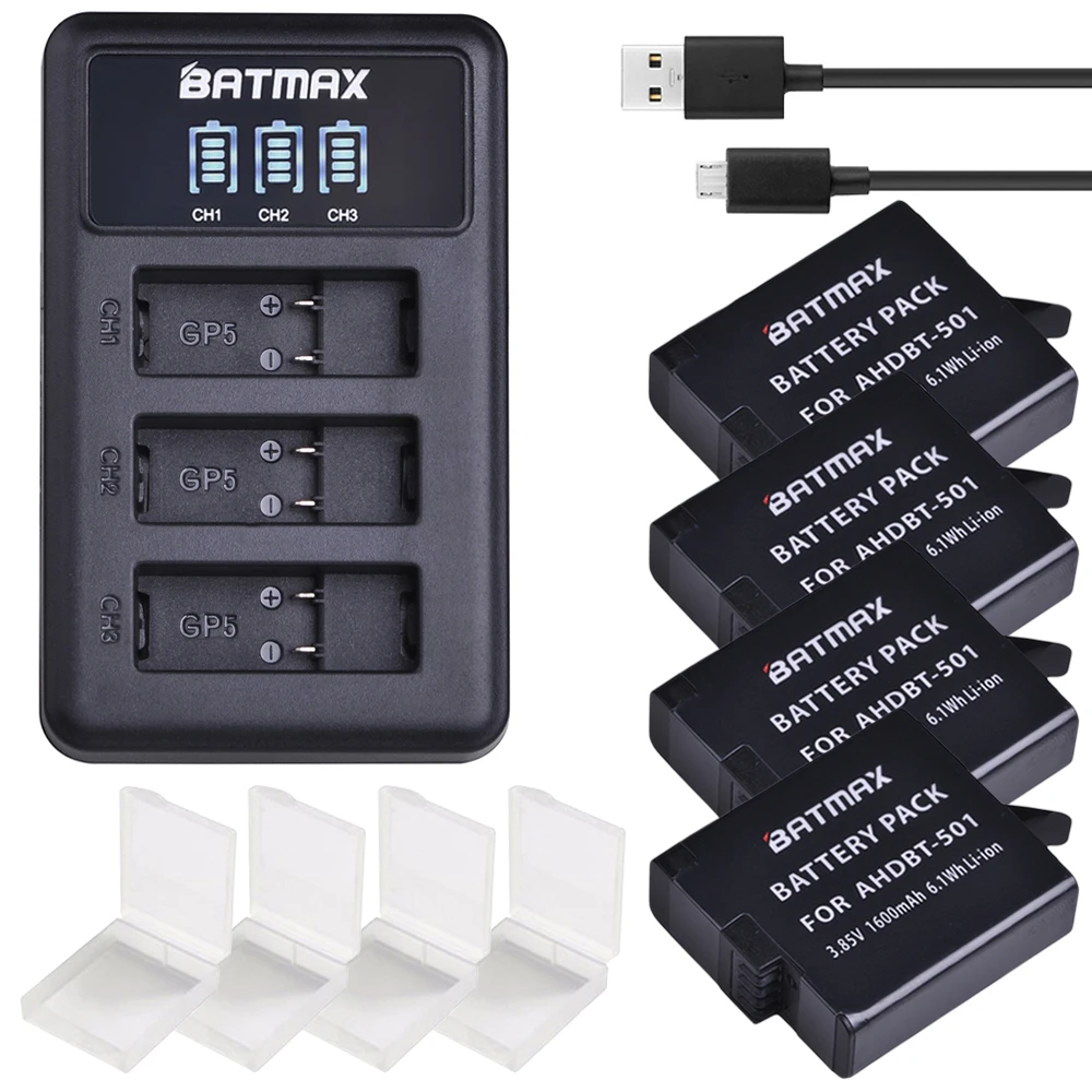 Batmax 4pcs AHDBT-501 for Gopro 5 Battery+LED USB 3Slots Charger with Type C port for Gopro hero 5 hero 6 Gopro 8 Action Camera