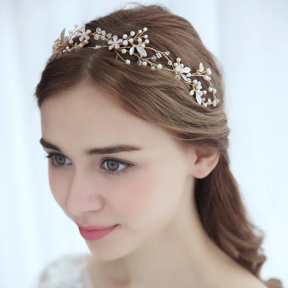 Pearl Rhinestone Flower Bride Hairband Hair Ornaments Wedding Accessories Bride's Tiara Gold Color Flower Hair Accessories