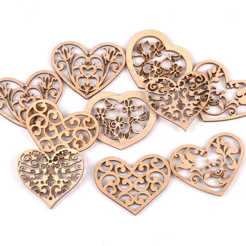 mixed carved Heart Vintage HandMade Natural Wooden Scrapbooking Diy Craft Home decoration handcraft 10pcs MT1842