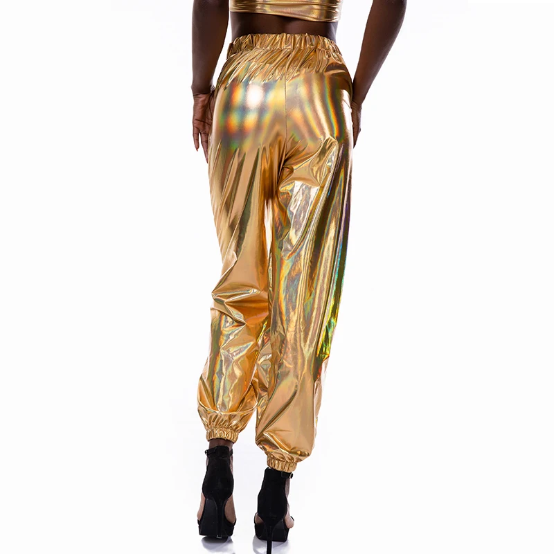 CUHAKCI Gold Jogging Ladies Pants High Waist Trousers Women Streetwear Hip Hop Pant Girls Dance Polyester Silver Clubwear