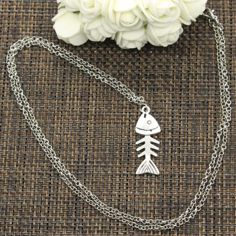 New Fashion Fish Bone Pendants Round Cross Chain Short Long Mens Womens DIY Silver Color Necklace Jewelry Gift