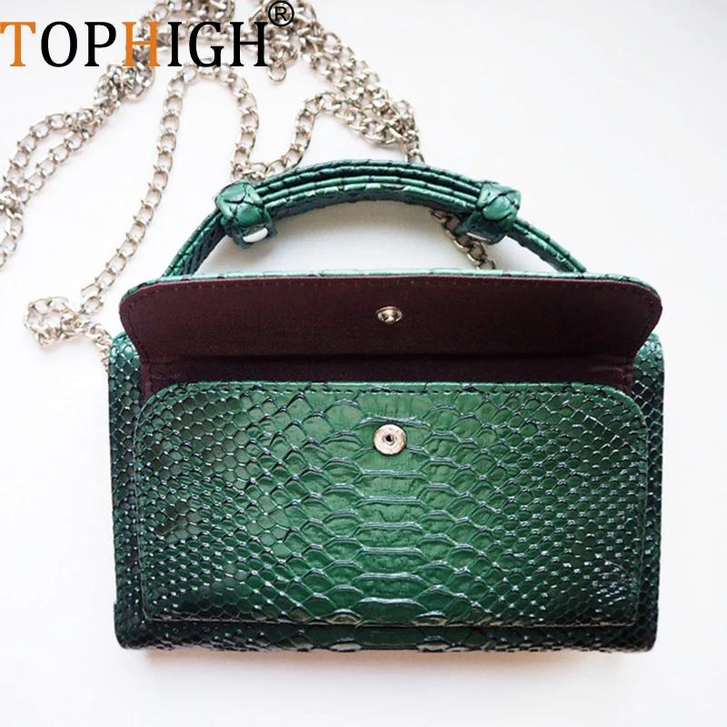 TOPHIGH Original Female Green Day Clutches Serpent Pattern Handbag Leather Chain Shoulder Crossbody Bags For Women Purse