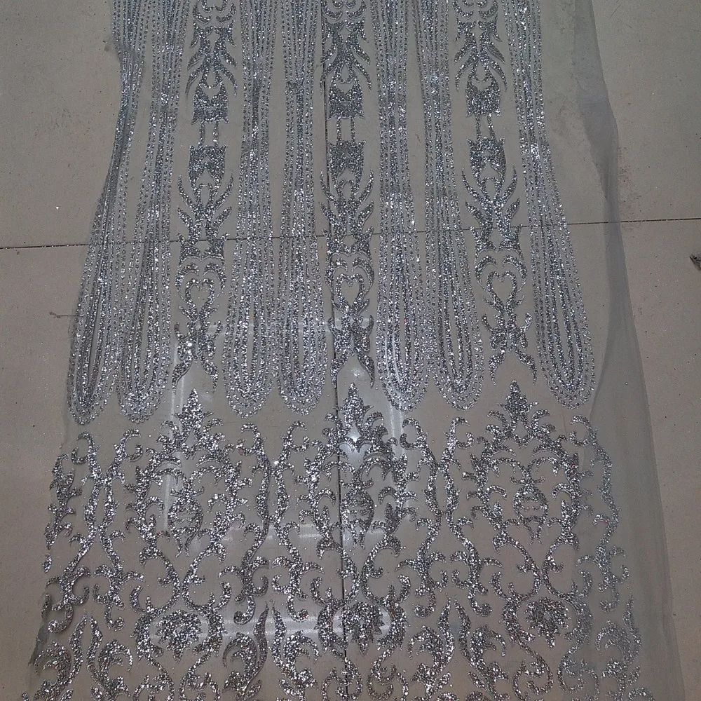 

2017 Wedding African Lace Fabric with silver glitter sequins high quality Nigerian Lace Fabric with sequins sequin fabric