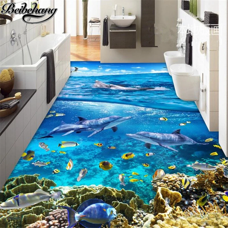 

beibehang Custom 3D flooring three-dimensional wave underwater world dolphin fresco wallpapers living room bathroom floor