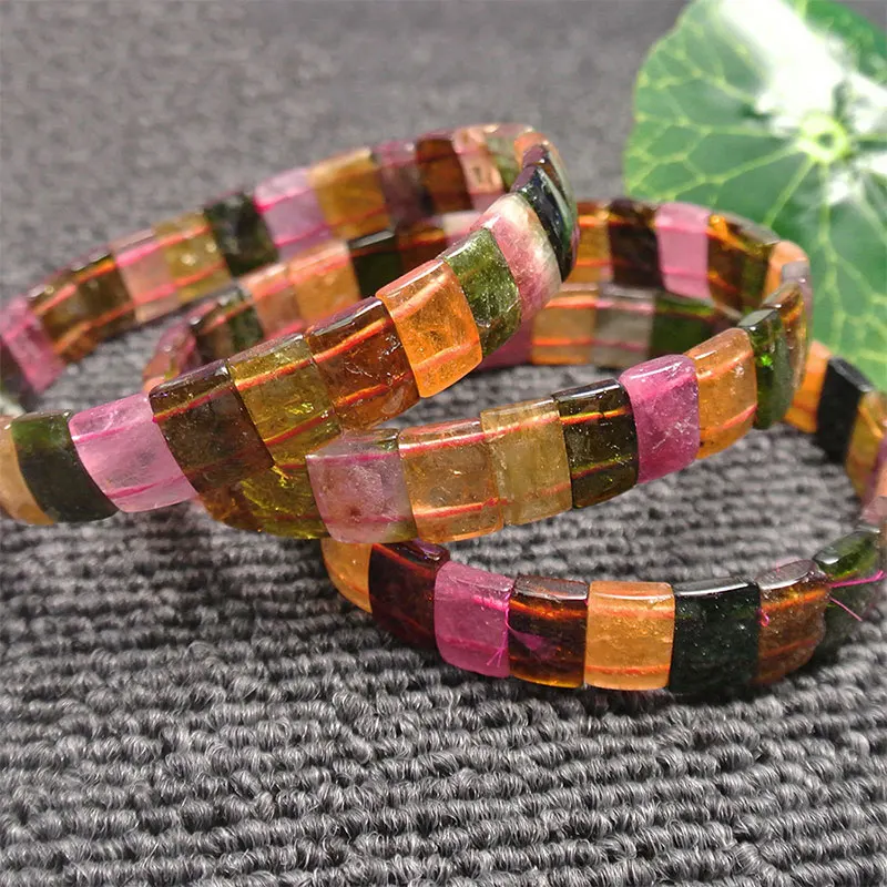 7x9mm Rectangle Pink Yellow Green Tourmaline Beads Bracelets For Women & Girl Gift Trinket Jewelry Beaded Accessories