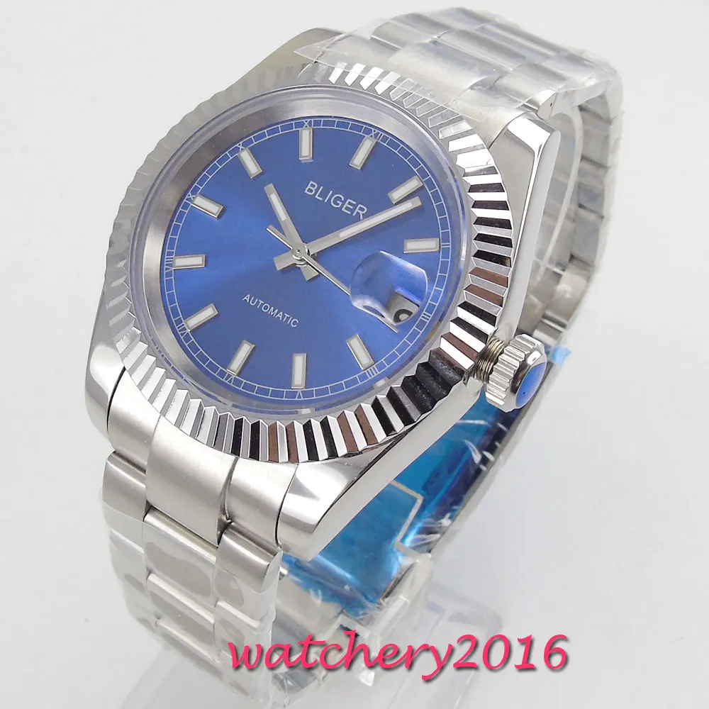 

Luxury Fashion Bliger Men 36mm Watch Blue Dial Automatic Military Sapphire Glass Date Stainless Steel Band Wrist Watch Business