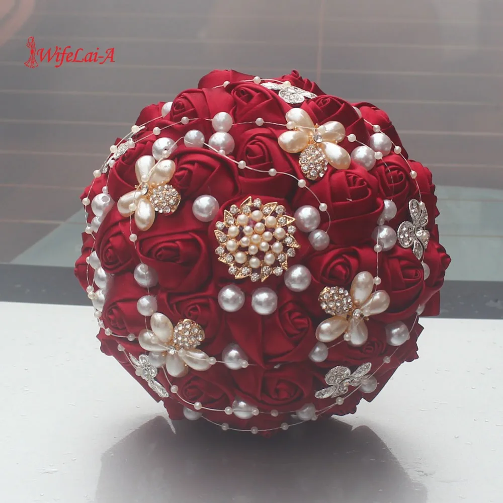 

WifeLai-A Lovely Small and Big Silk Bouquet with Crystal Pearl Handmade Silk Rose Prom Bouquet Multiple Color Selection W252