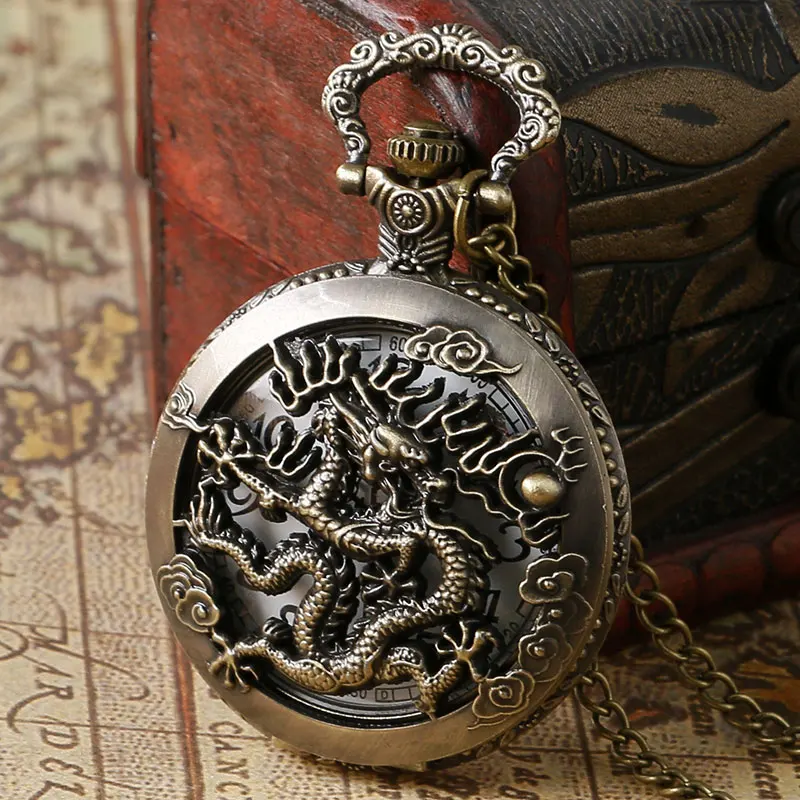 Vintage Ancient China Style Dragon Design Pocket Watch Quartz Watches Necklace Pendant Chain Women's Men's Gift Relogio De Bolso